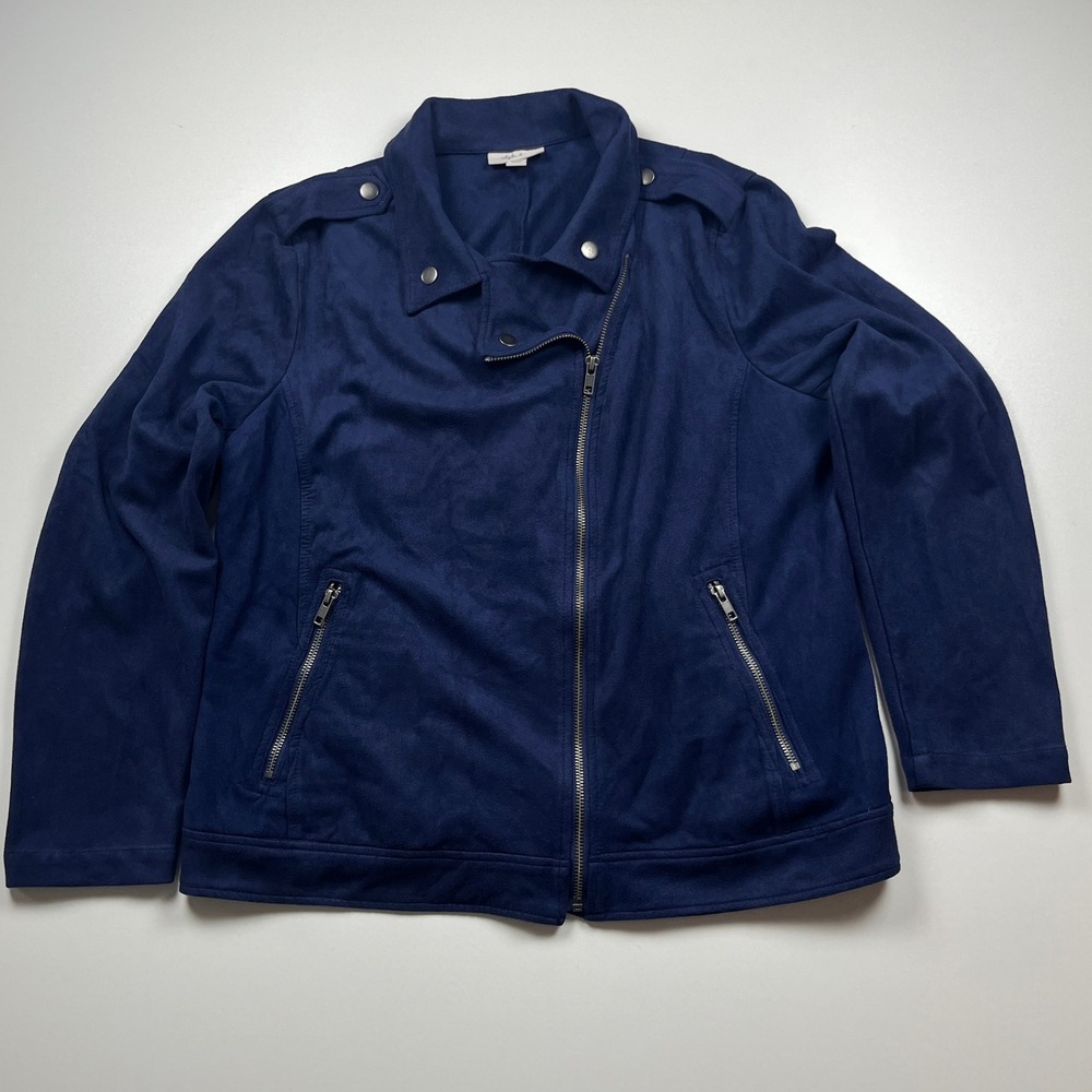 Style & Co Faux Suede Moto Jacket Womens XL Navy Blue Asymmetric Zip Biker Coat